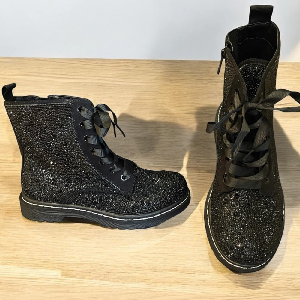 Torrid 11.5WW Black Embellished Rhinestone Sparkle Combat Boots Booties Punk New